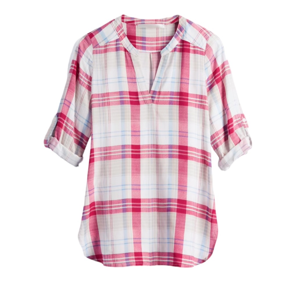 Fun 2 Fun EUC Pineda Split Neck Plaid Top 2XL